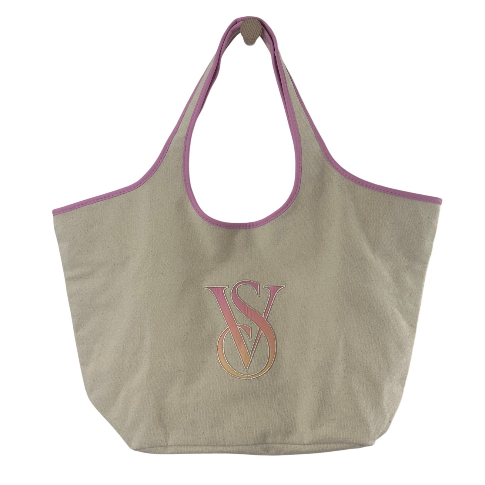 Victoria's Secret Canvas Tote Bag Cream Pink Embroidered Gradient Logo L Nwot